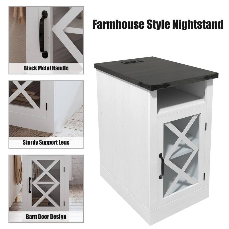 Farmhouse End Table with Charging Station, 15.4"Nightstand with Barn Door & Shelf,Wooden Sofa Side Table with 3-Tier Storage