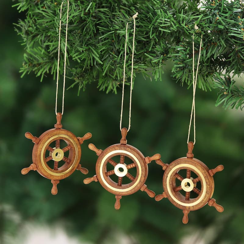 NOVICA Handmade Ahoy! Wood And Brass Ornaments (Set Of 3) - 0.5" D