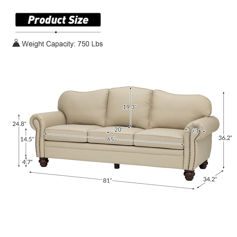 Balvino 81" Wide Transitional Genuine Leather Rolled Arm Sofa with Nailhead Trim and Removable Cushions
