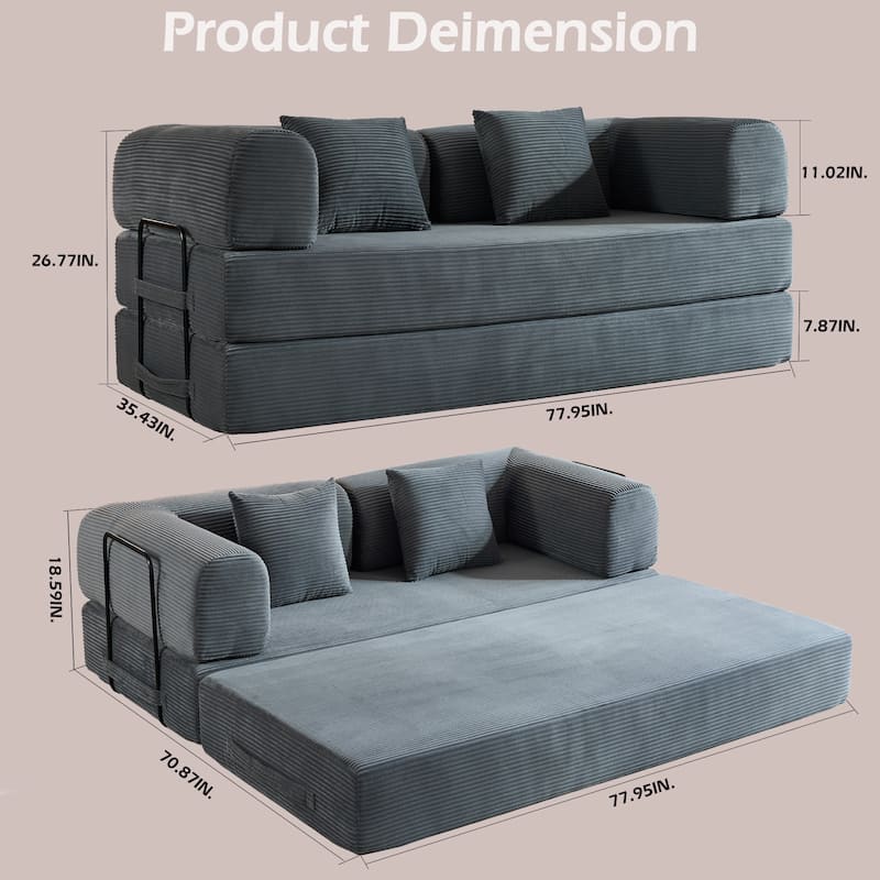 Convertible Sleeper Sofa Bed with Pillow, Corduroy Folding Mattress Couch with Fixed-Shape Frame, Floor Lounge Loveseat Sofa