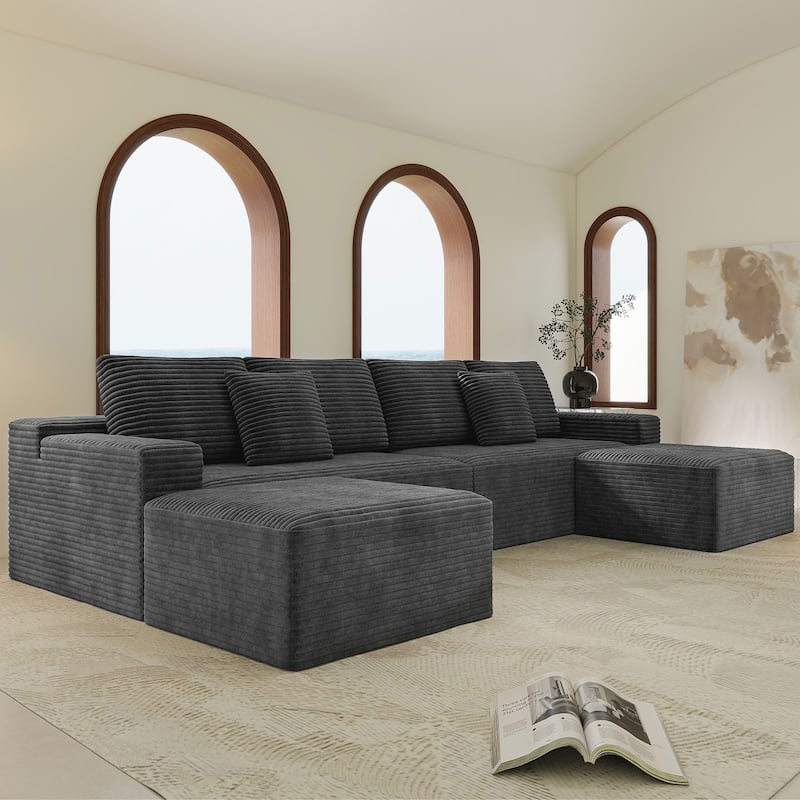 Modular Sectional Sofa with Chaise Lounge, Oversized Corduroy Upholstered 6 Seater Sofa, Full Compressed Boneless Couch
