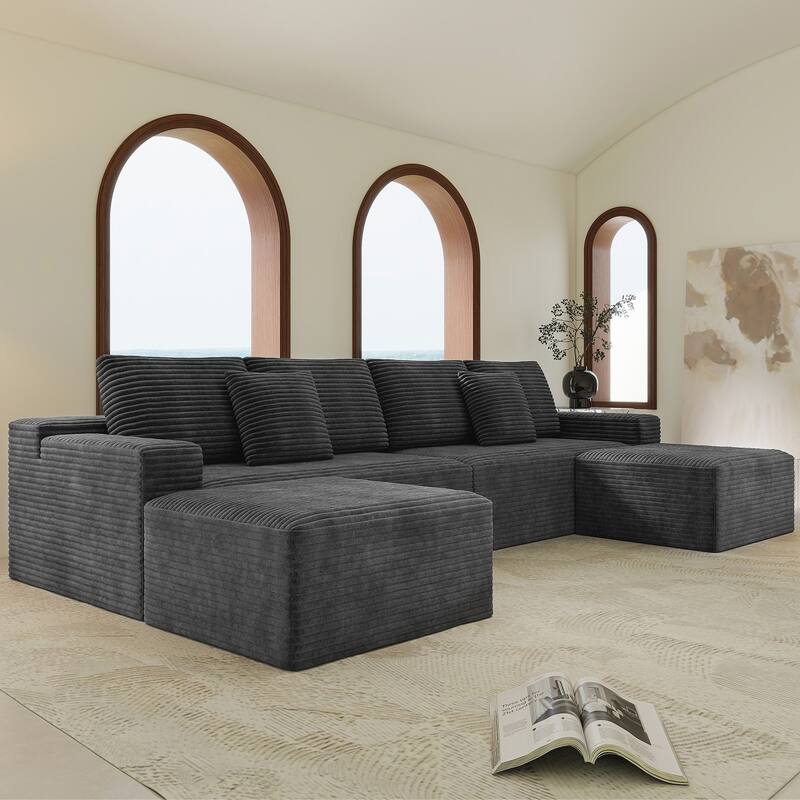 U Shaped Modern Sofa Modular Sectional Cloud Couch with 2 Ottoman, Deep Seat Couches Corduroy Fabric Sofa for Living Room