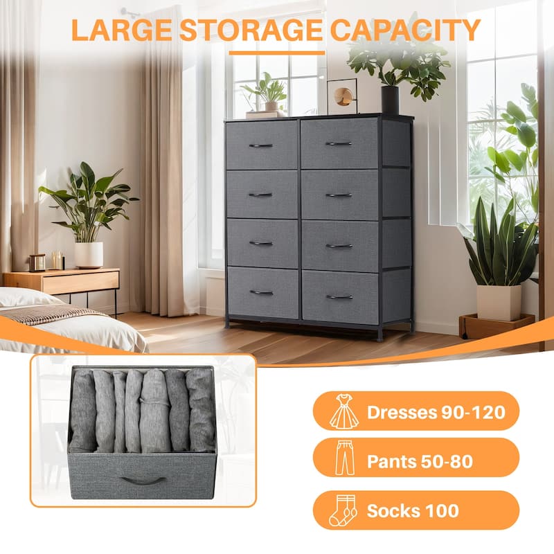 Dresser for Bedroom, 8 Storage Drawers, Tall Fabric Closet Chests Organizer Tower Furniture with Wooden Top Metal Frame