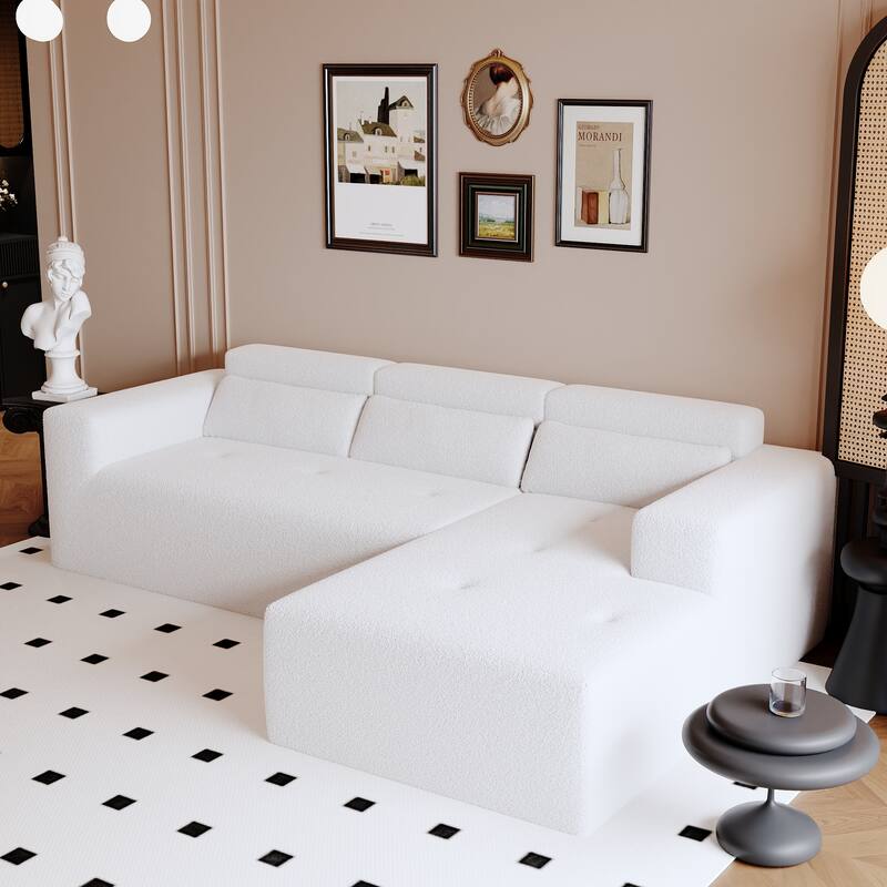 Modern Teddy Fabric L-Shaped Sectional Sofa 3-Seater Sofa Couch with Chaise and Pillows for Living Room Apartment