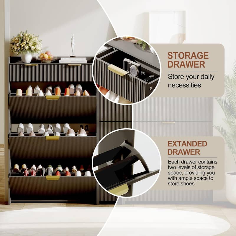 Slim Shoe Cabinet with 3 Flip Drawers & 2 Top Drawers