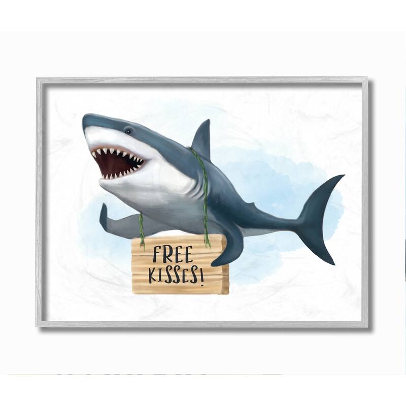 Stupell Nautical Shark Free Kisses Sign Kid's Animal Humor Framed Wall Art - Blue - 16 x 20 - Grey