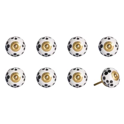 Set of 8 Hand-Painted Black & White Floral Ceramic Cabinet Knobs with Gold Accents - 1.5" x 1.5" x 1.5"