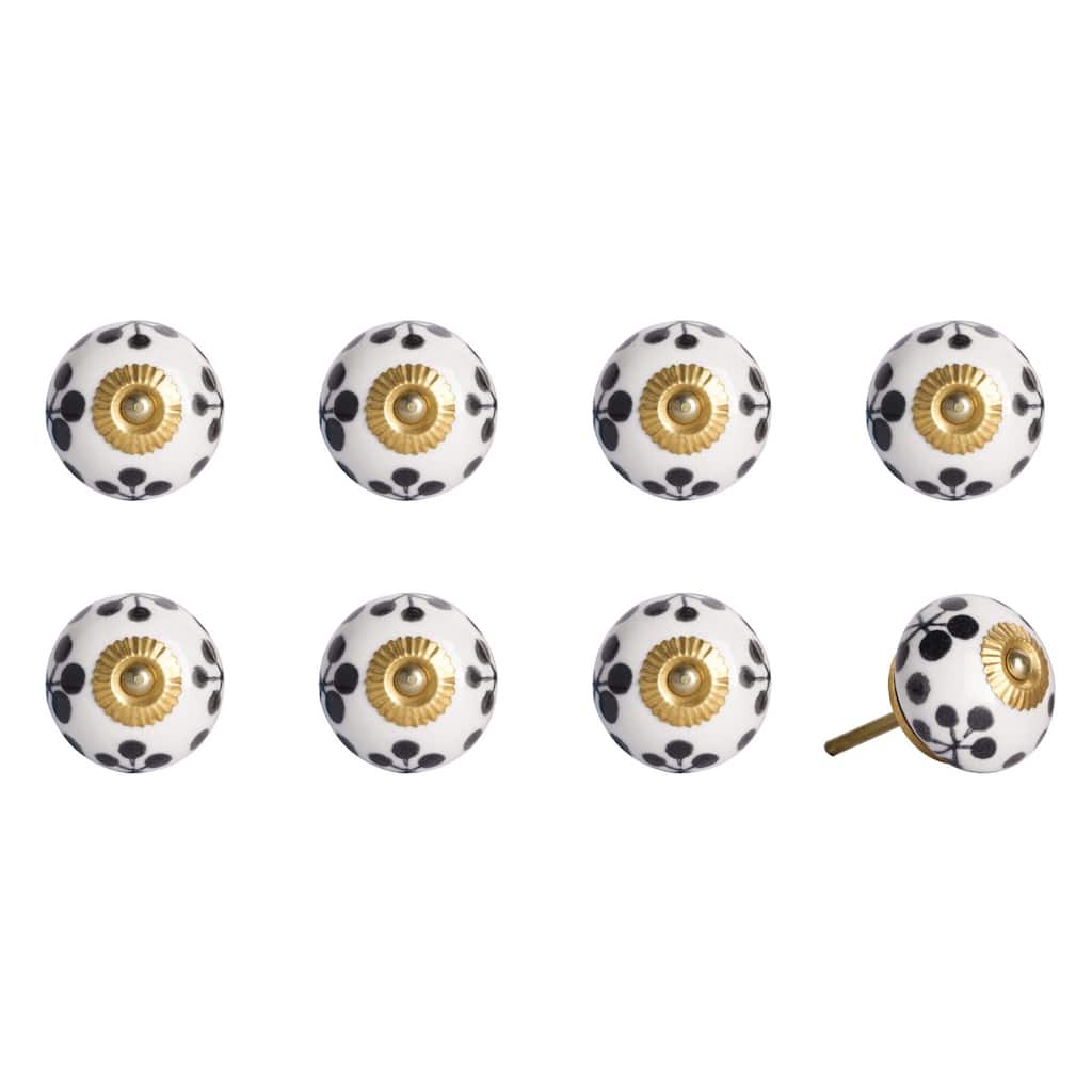 Set of 8 Hand-Painted Black & White Floral Ceramic Cabinet Knobs with Gold Accents - 1.5" x 1.5" x 1.5"
