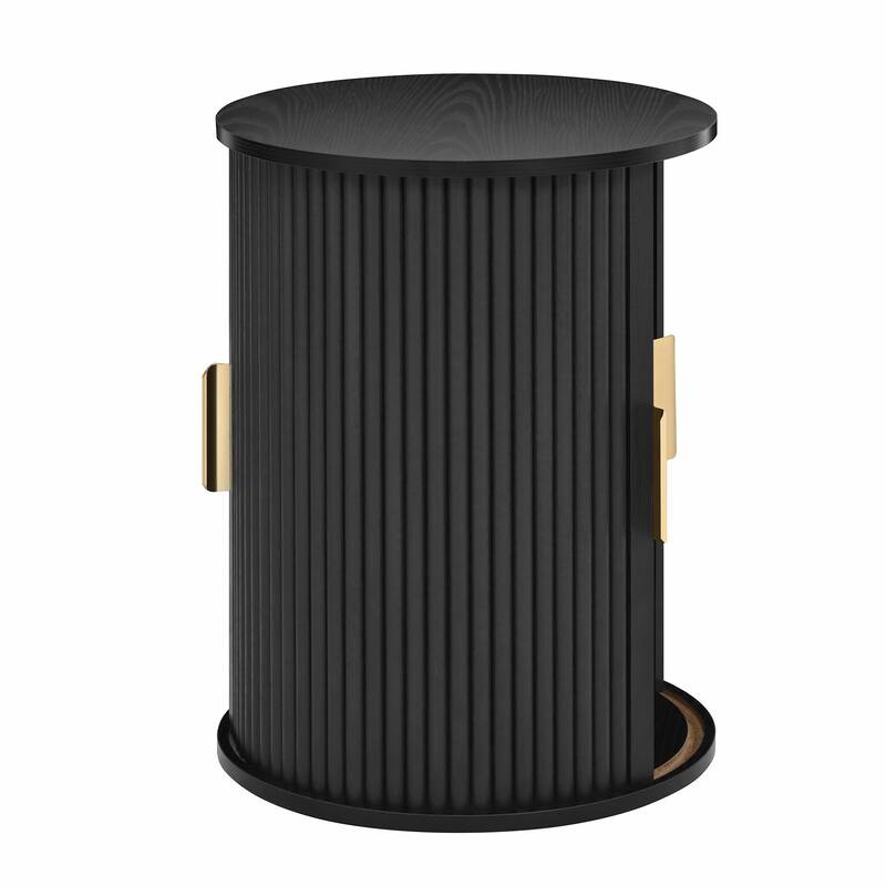 Mid-Century Coffee Table Set with Sliding Tambour Door - Round Fluted End Table with Storage