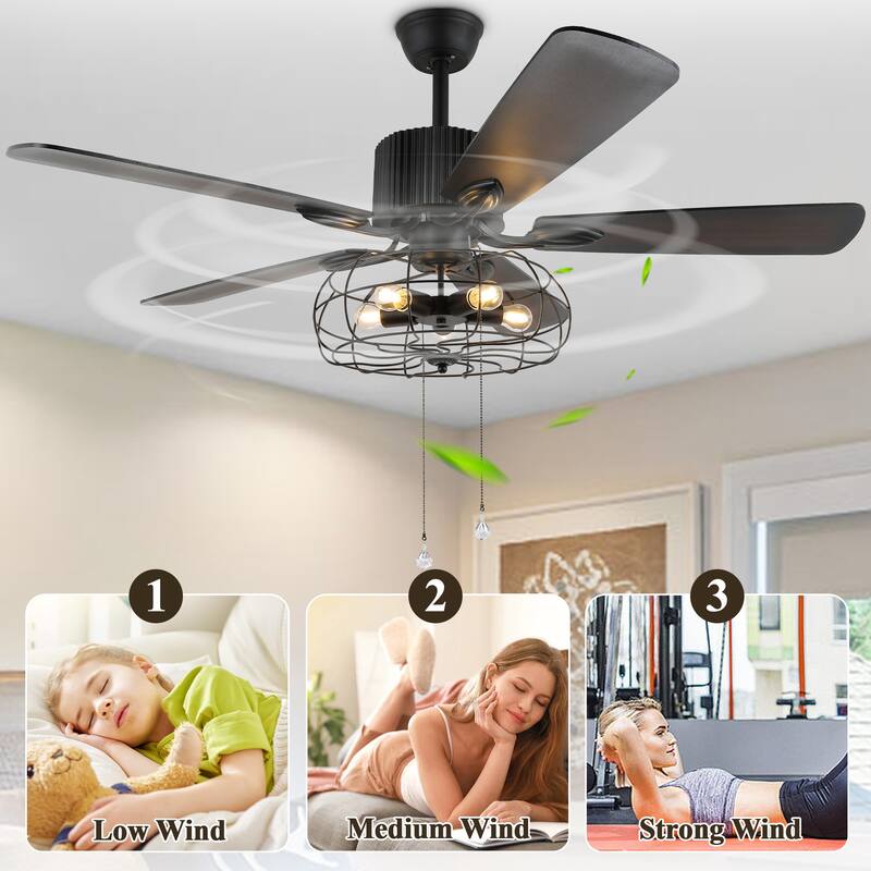 52" Industrial Ceiling Fan with Remote and Light Kit, 3-Speed Reversible Metal Caged Ceiling Fan
