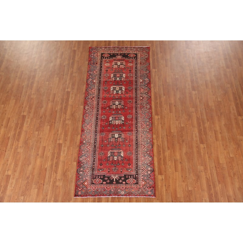 Geometric Hamedan Persian Vintage Runner Rug Hand-Knotted Wool Carpet - 3'9"x 9'5"