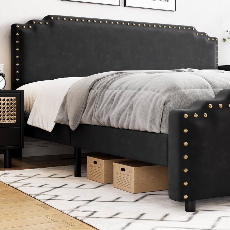 Velvet Upholstered Platform Bed Frame, No Box Spring Needed