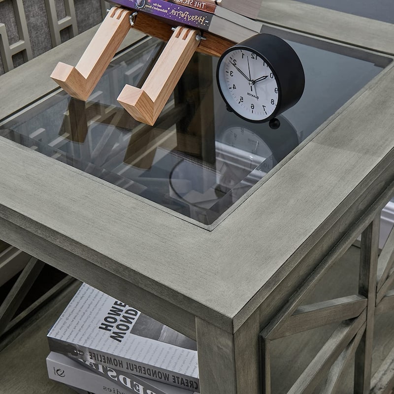 Solid Wood Farmhouse Square End Table with Tempered Glass Top