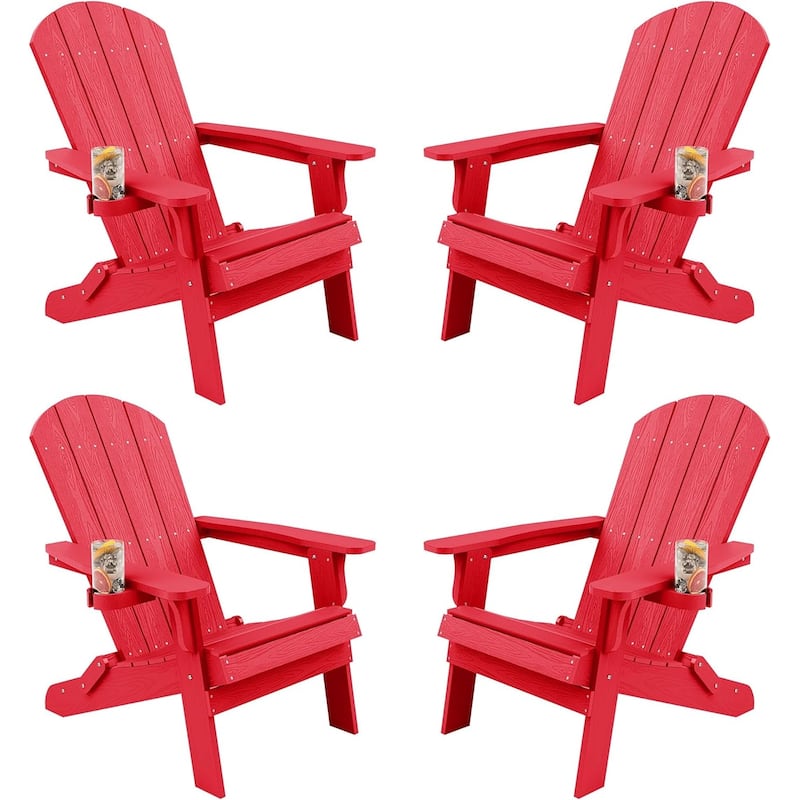 WINSOON All Weather HIPS Oversized Folding Adirondack Chair with Cup Holder - Redx4
