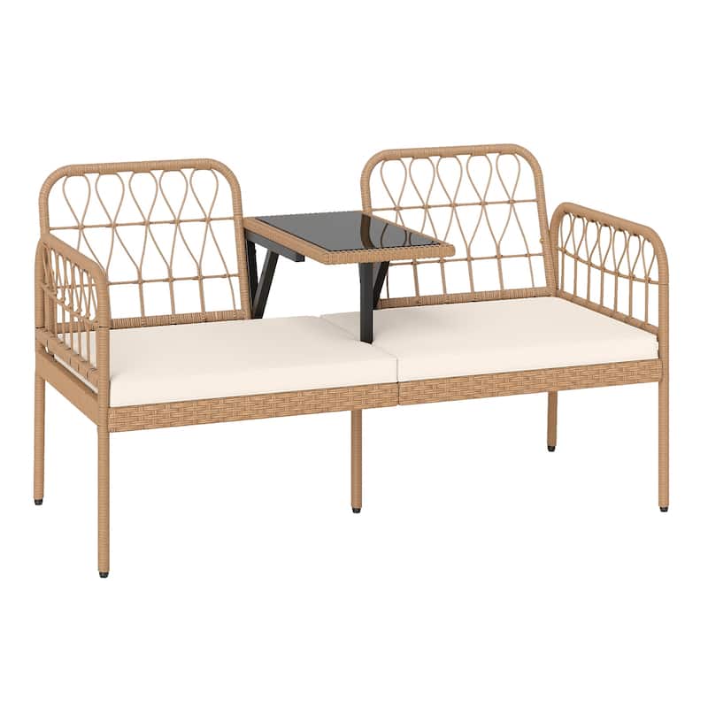 Gymax PE Rattan Outdoor Loveseat w/Built-in Coffee Table & Soft - White