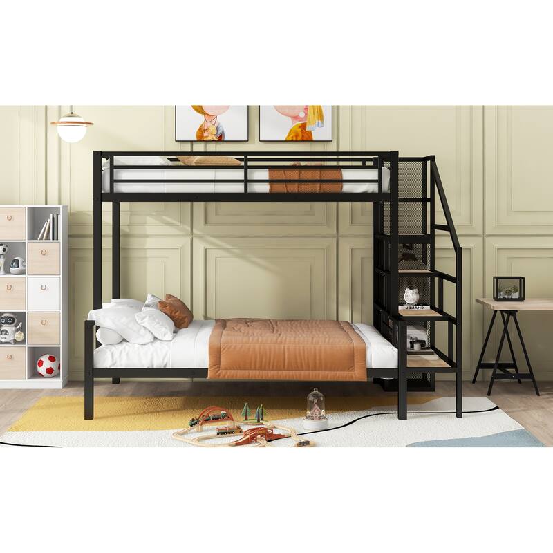 Twin over Full Metal Bunk Bed with Storage Stairs and Wardrobe, Black