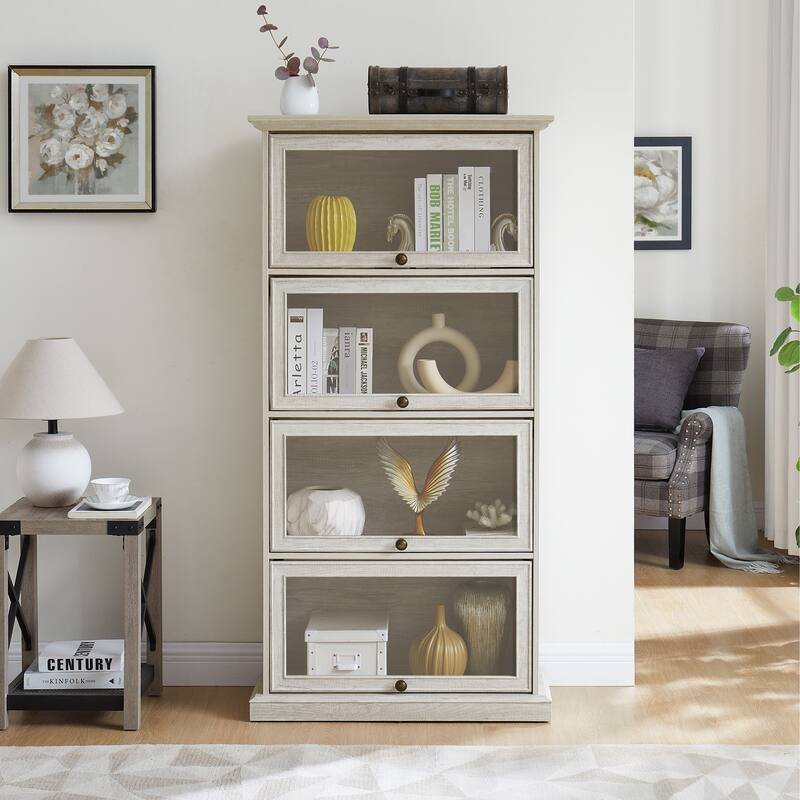 GDFStudio - Brookline Modern Storage Glass Display Cabinet with Flip-Up Glass Doors and 4-Tier Shelving