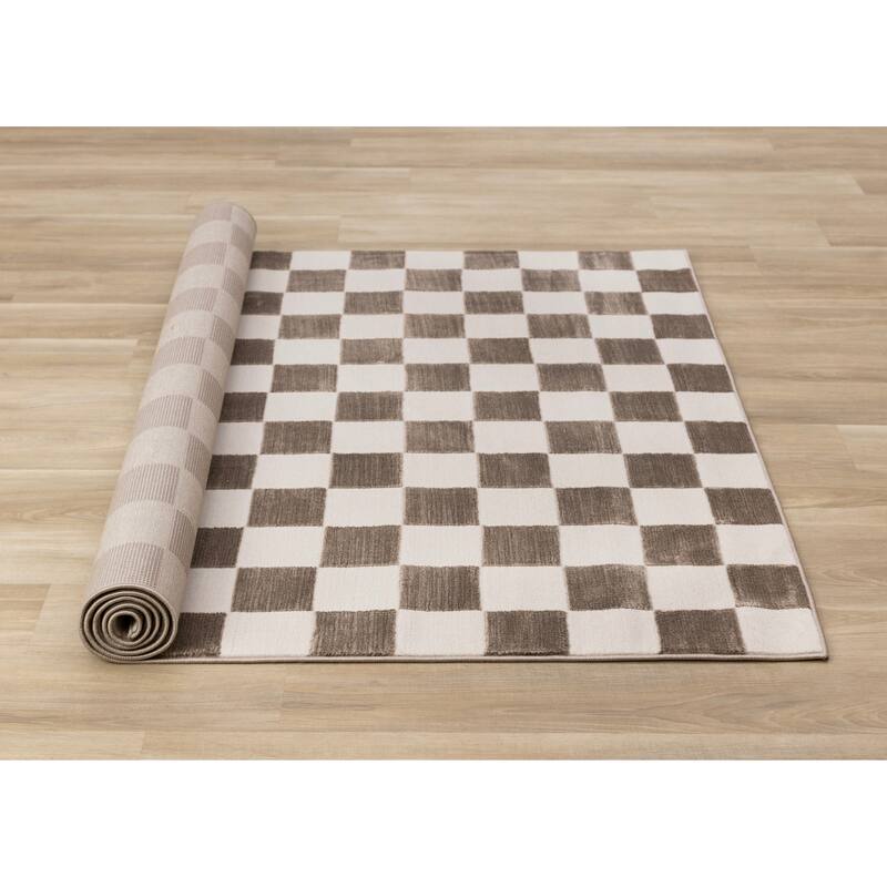 Leopold Collection - Checkered Brown White Geometric Area Rug