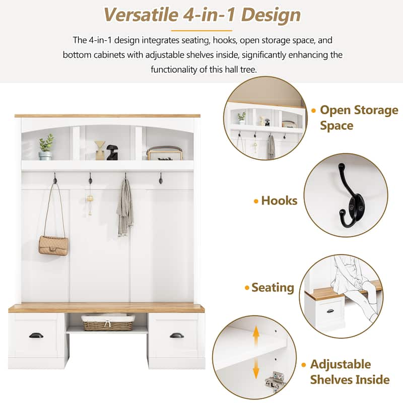 55.1 in Wide Farmhouse Hall Tree, Wood Grain Bench & Top, 4-in-1 Entryway Coat Rack with Adjustable Shelves