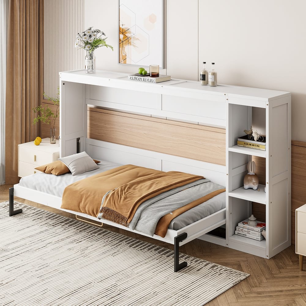 Minimalist Fold Down Bed Murphy Bed with 3 Storage Racks, Striped Decoration Wall Bed Hidden Bed for Guest Room Small Spaces