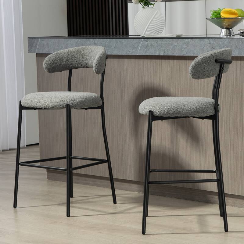 26'' Counter Height Bar Stools Teddy Fabric Cover Kitchen Island Counter Bar Stool With Black Powder Coating Base And Footrest