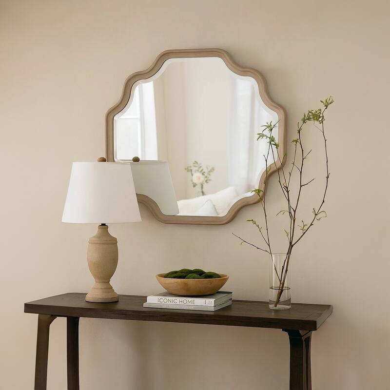 Fea Dresser Mirror, Natural Oak Brown Solid Wood, Scallop Edges, 40x47 - Natural Oak Brown