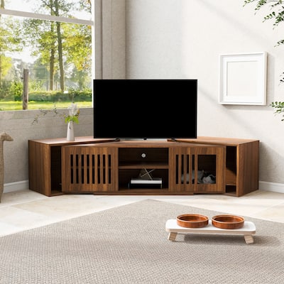 Extendable TV Stand with Cat Cushion, Pet-Friendly Entertainment Center with Sliding Door, Wooden Media TV Console Table