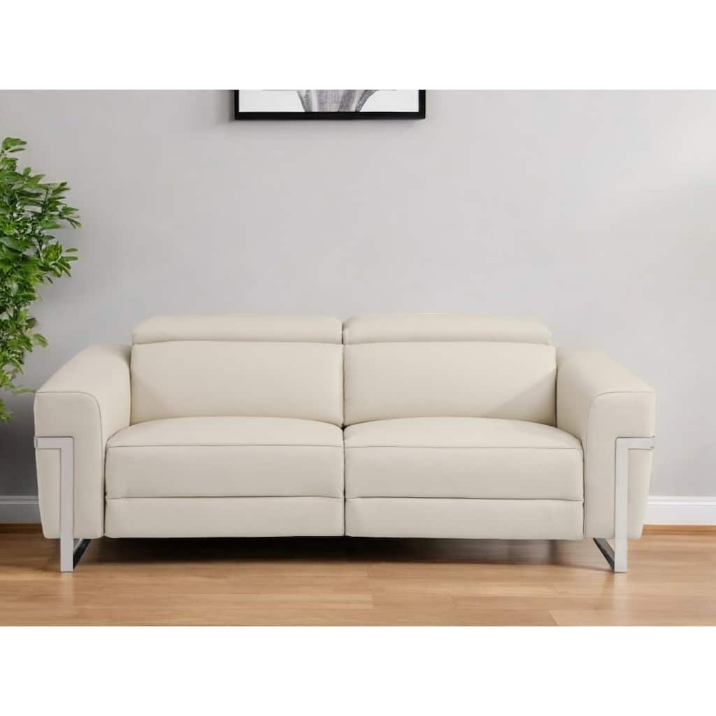 HomeRoots 83" Beige Italian Leather USB Reclining Sofa With Silver Legs