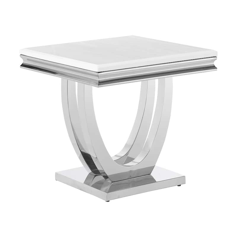 Kas 24 Inch Square End Table, White Stone Top, Polished Chrome Flush Base - White, Chrome - Marble