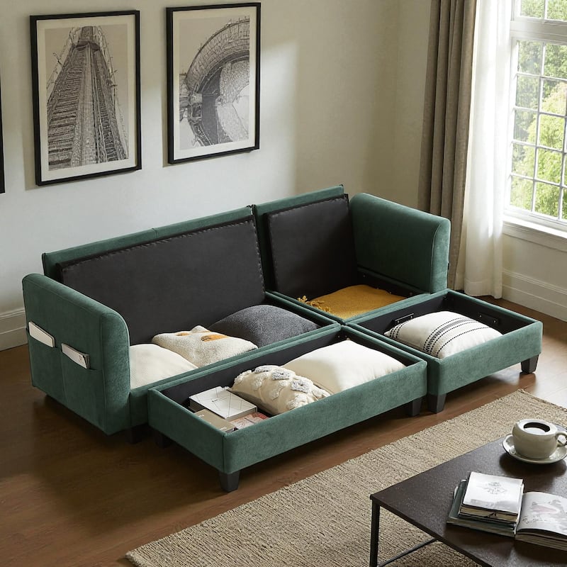 83" L-Shaped Sectional Sofa with Storage Seats Movable Ottoman Curved Armrests Chenille Couch with 6 Pillows