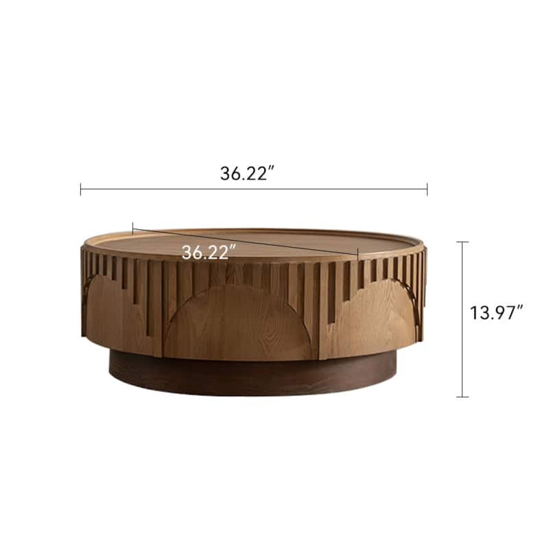 Roomfitters Modern Round Wood Coffee Table, Solid Wood Veneer Center Table with Handcrafted Relief and Sturdy Pedestal, Natural