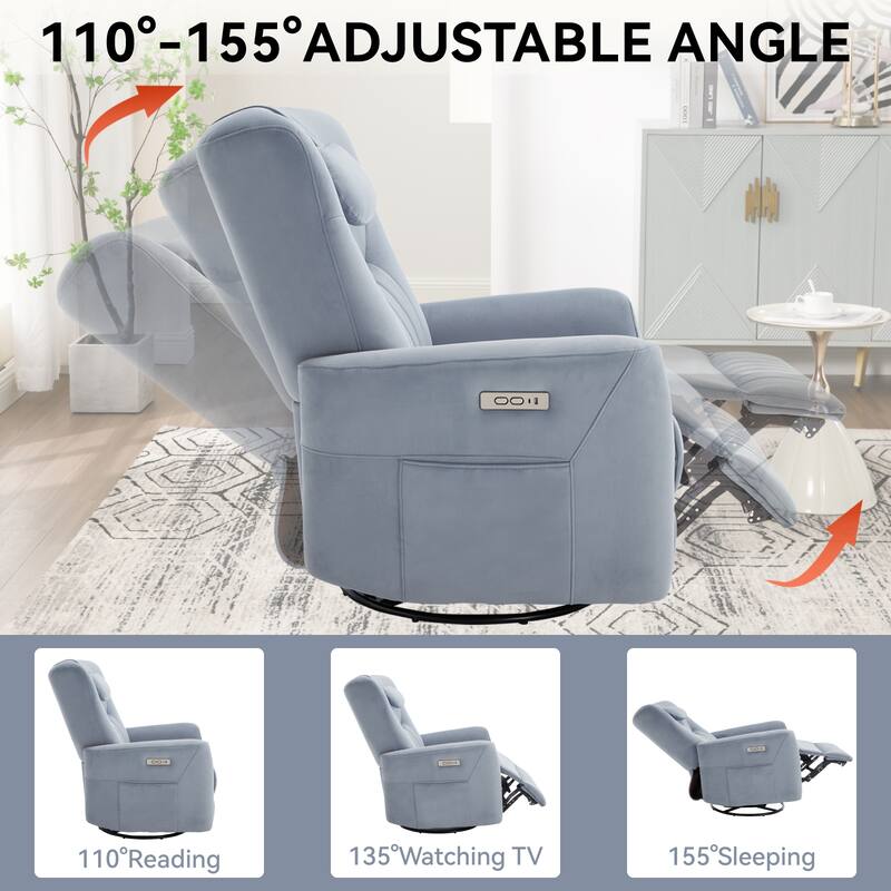Ergonomic Swivel and Rocker Power Recliner Chair for Elderly, Lving Room Single Sofa w/Lumbar & Neck Support Pillow & USB Ports