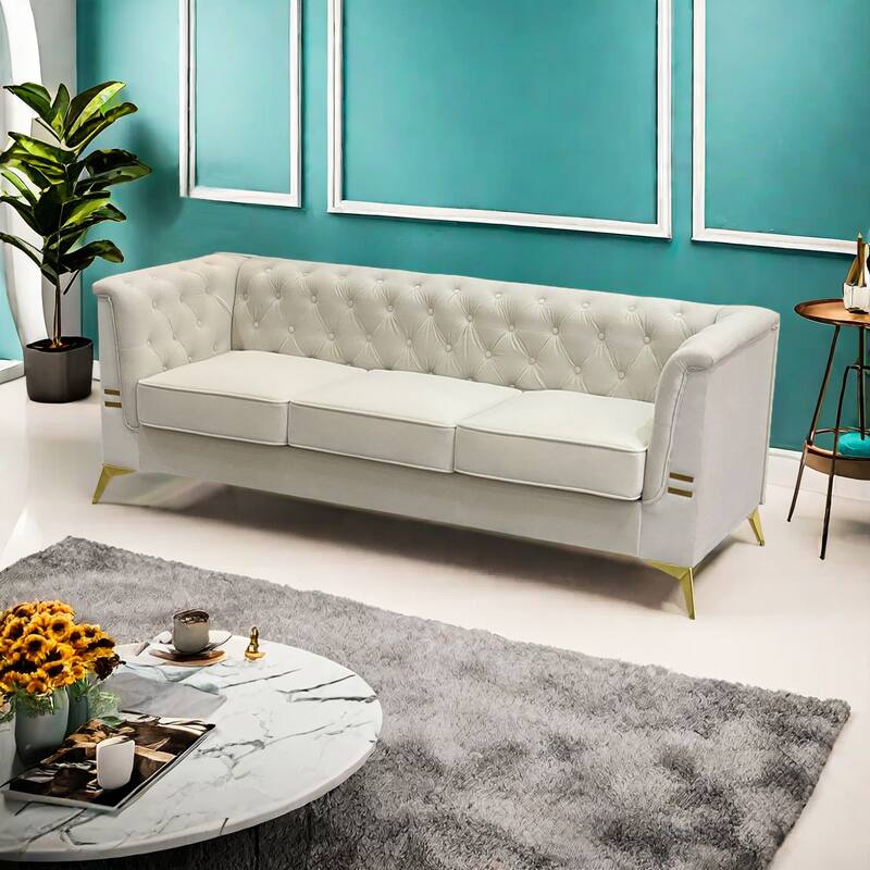 82'' Modern Velvet 3-Seater Couch with Tufted Design and Gold Metal Legs