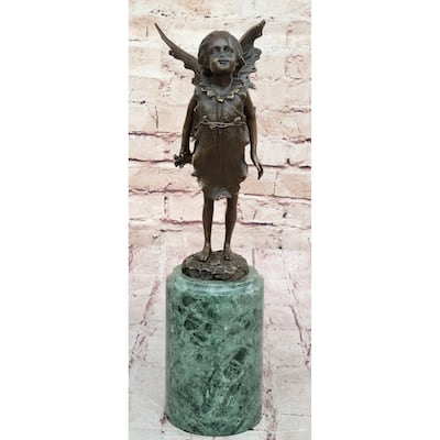 Young Child Girl Angel Fairy Winged Figure Bronze Sculpture On Green Marble Base