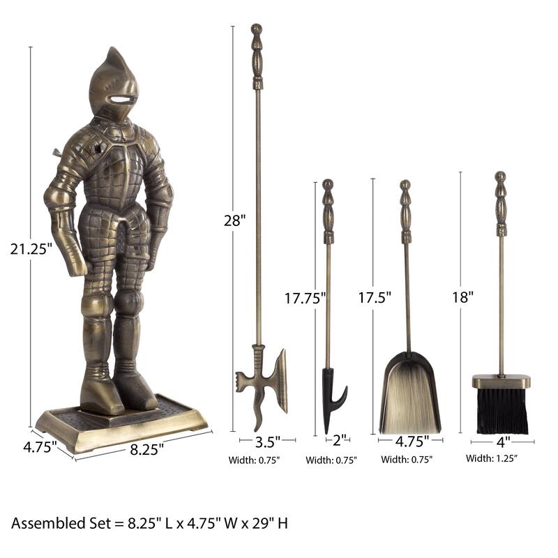 Hastings Home 3-piece Medieval Knight Fireplace Tool Set - 8.25" x 4.75" x 29"