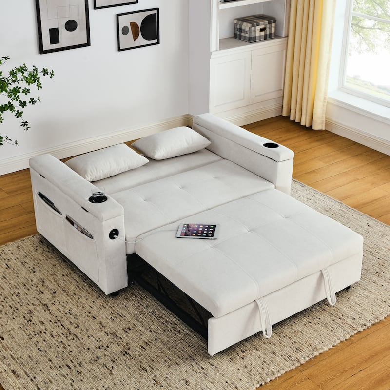 2-Seat Sleeper Sofa Bed with USB Power Outlet, Side Pockets and Lumbar Pillow