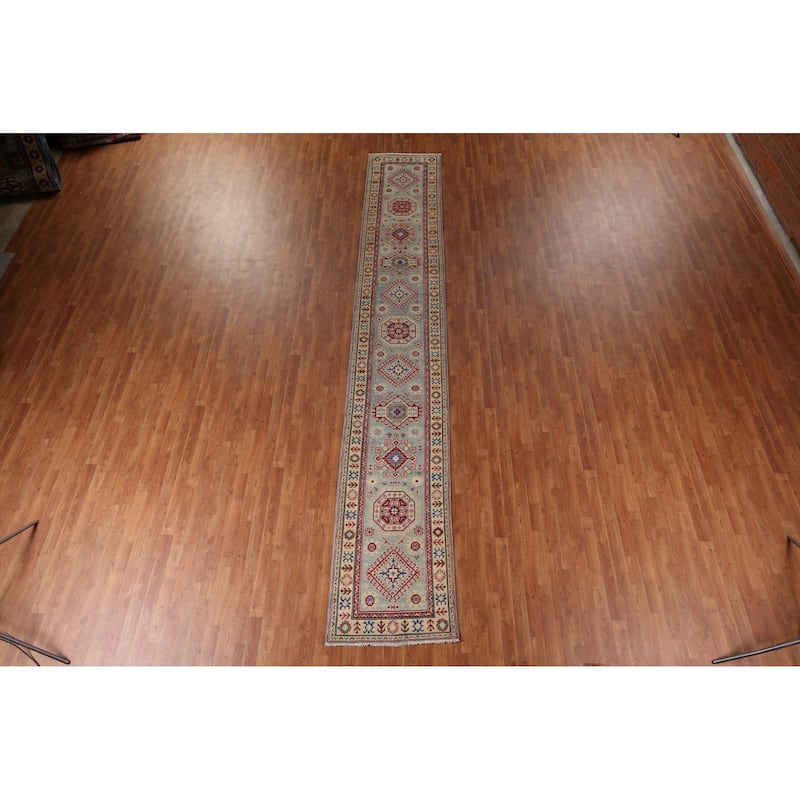 Geometric Kazak Oriental Runner Rug Hand-Knotted Grey Wool Carpet - 2'7" x 16'0"