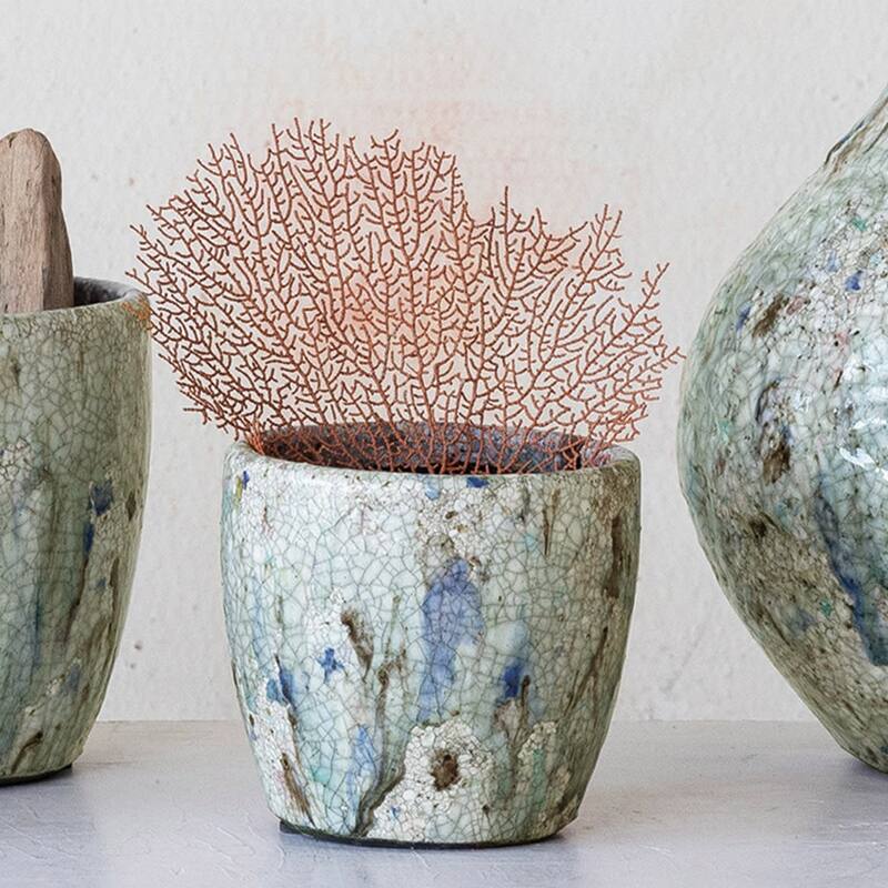 Terra-cotta Planter with Crackle Glaze - 5.3"L x 5.3"W x 4.9"H