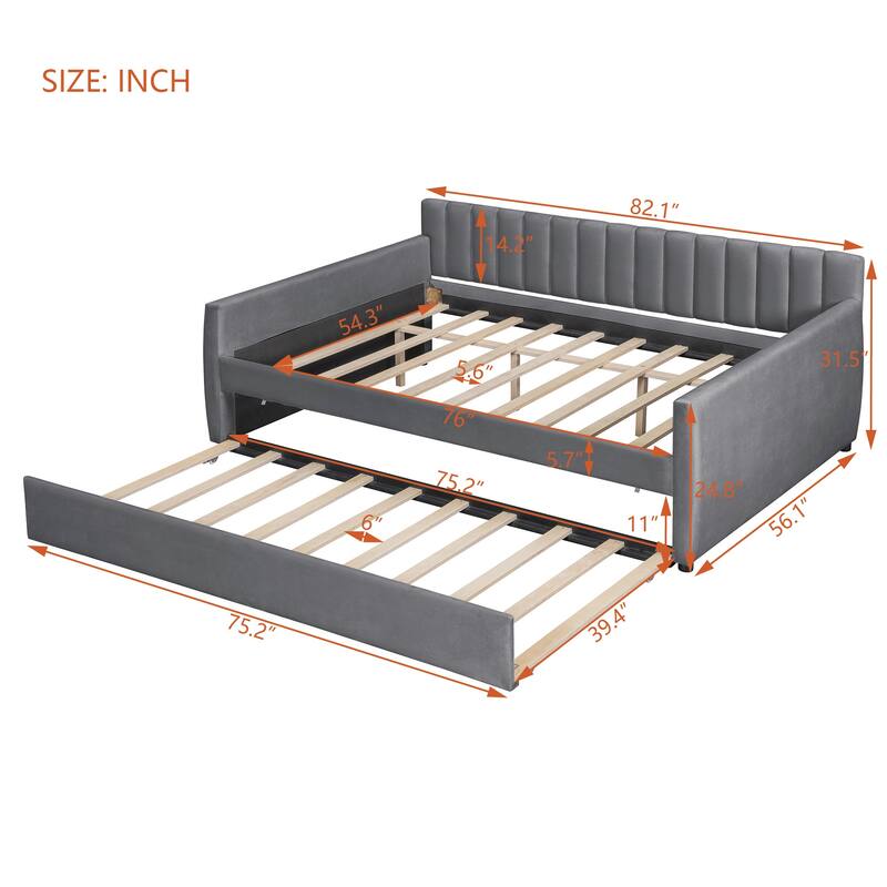Full Size Upholstered daybed with Trundle and Wood Slat Support, Gray