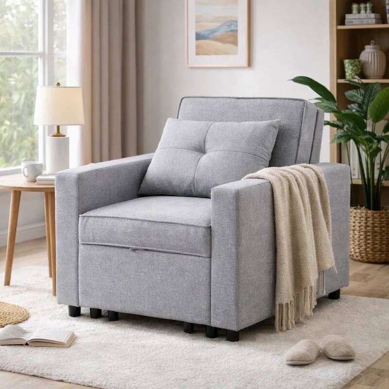 Vito 34 Inch Convertible Sleeper Armchair, Side Pocket, Light Gray Linen