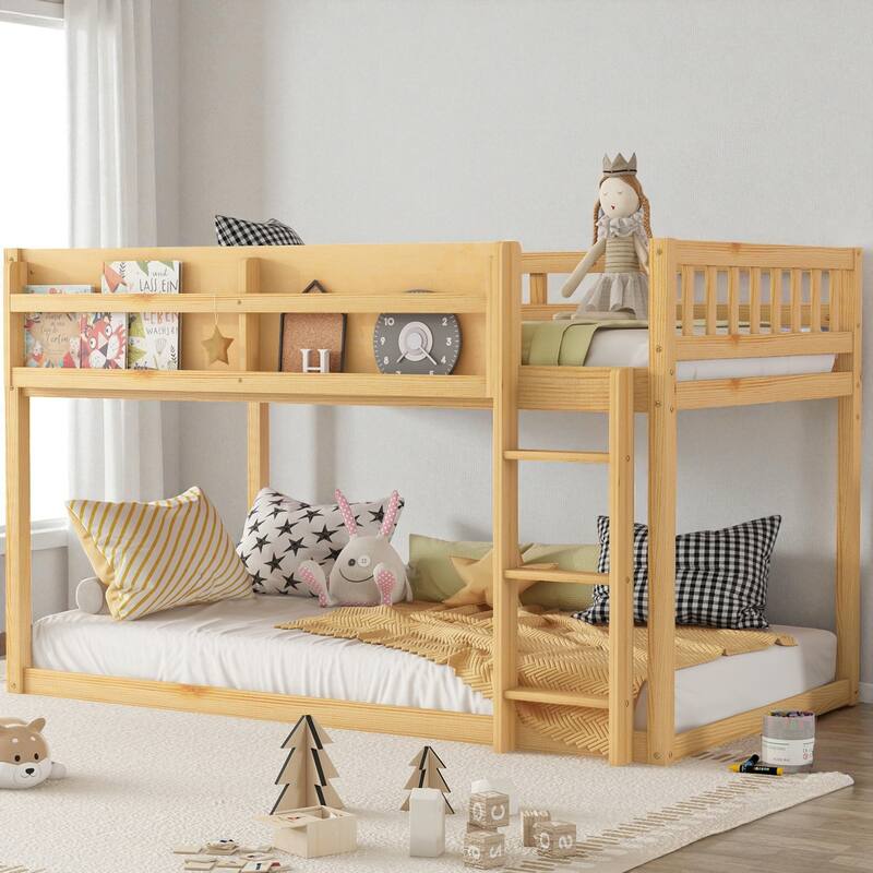 Low Twin Over Twin Floor Bunk Bed with Ladder and Shelf, Solid Wood Convertible Bunk Bed for Kids and Juniors - Natural - Twin