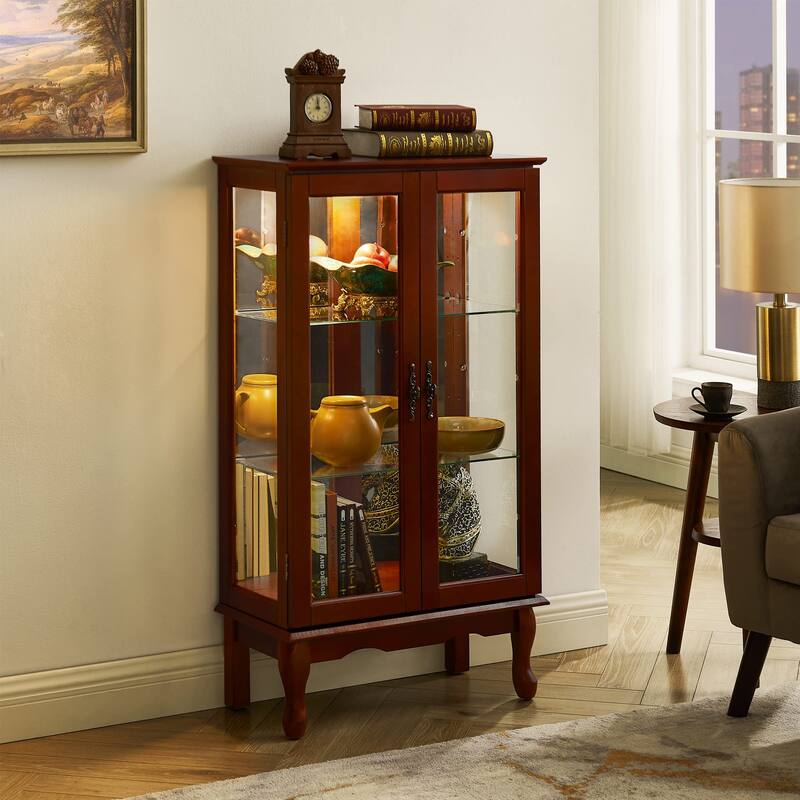 Curio Cabinet Lighted Curio Diapaly Cabinet with Adjustable Shelves and Mirrored Back Panel, Tempered Glass Doors