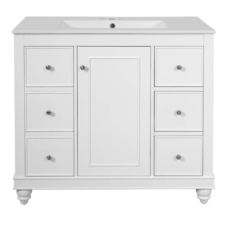 36'' Bathroom Vanity Cabinet with Ceramic Sink, Freestanding Bathroom Vanity Cabinet with 4 Drawers, 1 Door and Adjustable Shelf