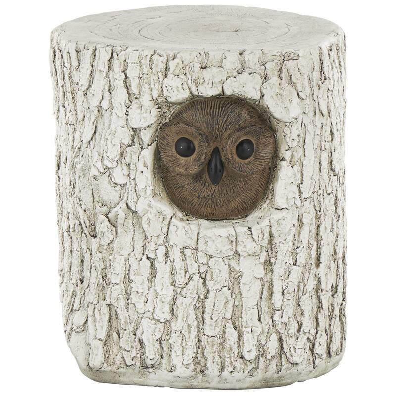 White Magnesium Oxide Tree Trunk Owl Garden Stool with Brown Accents