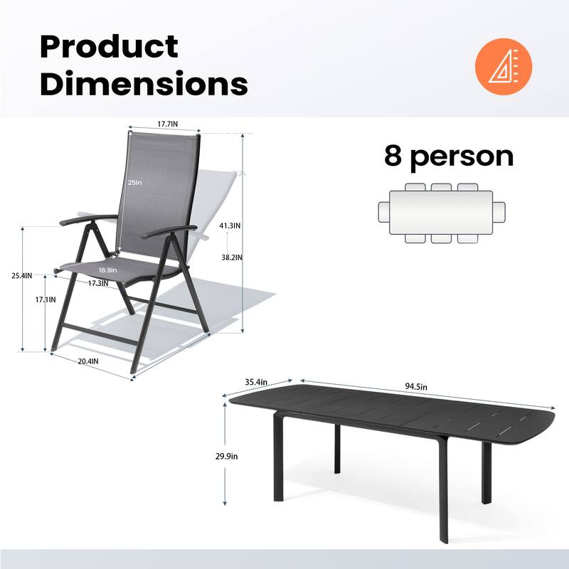 Outdoor Aluminum Expandable Patio Dining Extension Table with Durable Adjustable Reclining Folding Chair