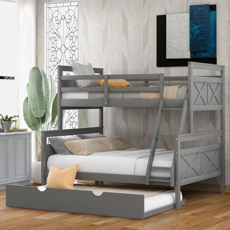 Twin over Full Bunk Bed with Ladder, Twin Size Trundle, Safety Guardrail,