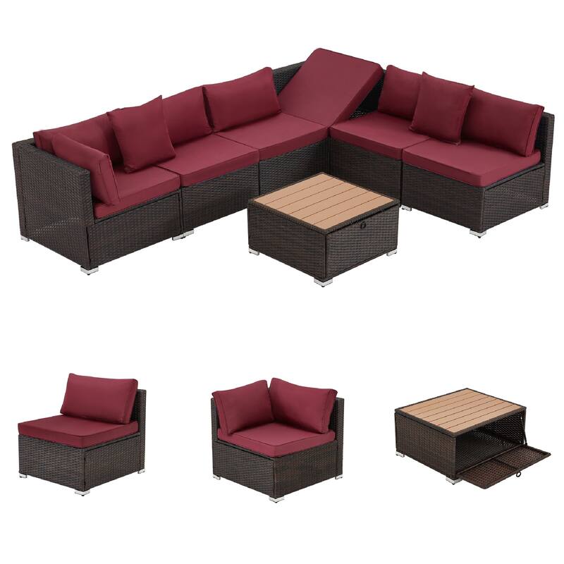 EROMMY 6/7 Piece Modular Outdoor Rattan Sofa Set, All-Weather Wicker Patio Furniture with Storage Table, Cushions & Pillows