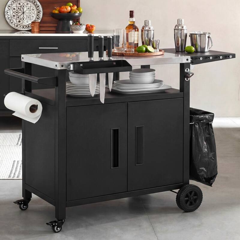 Grill Cart with Storage Cabinet,Metal Kitchen Island with Foldable Table,with Wheels & Stainless Steel Top & Hooks & Spice Rack