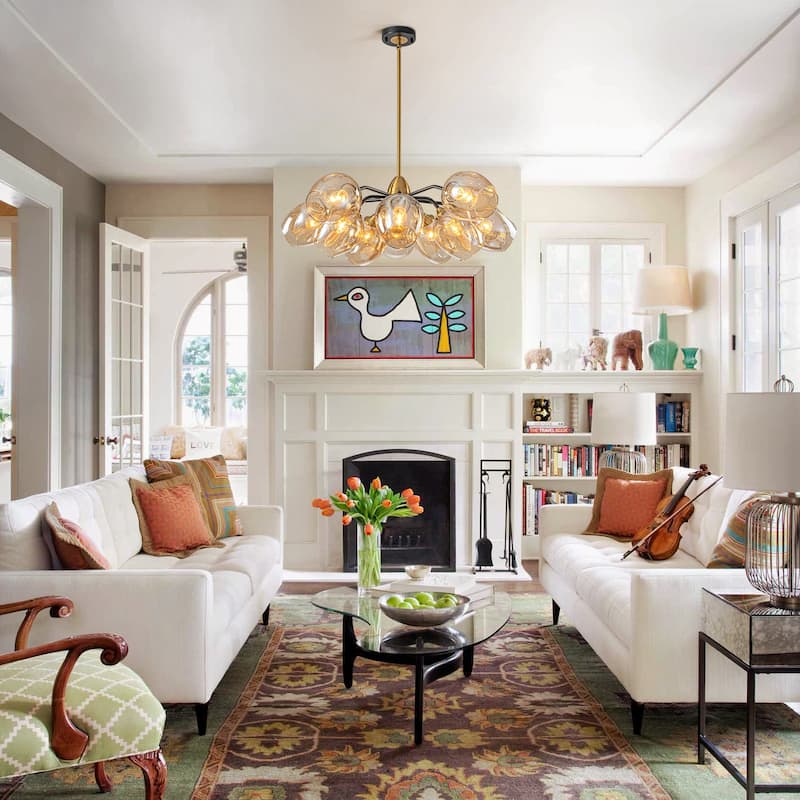 Modern Glam 10-Light Cluster Amber Glass Chandelier - Brass