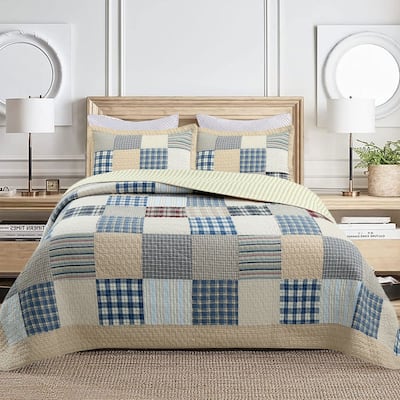 Cozy Line Tattersall Blue Tan Tartan Plaid Patchwork 3 Piece Quilt Bedding Set